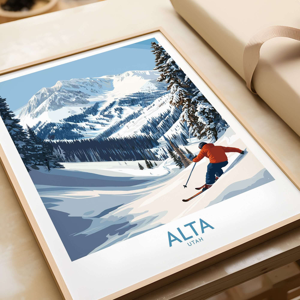 Alta Utah skiing adventure print featuring a skier on snowy slopes with Wasatch Mountains backdrop.