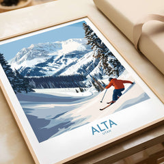 Alta Utah skiing adventure print featuring a skier on snowy slopes with Wasatch Mountains backdrop.