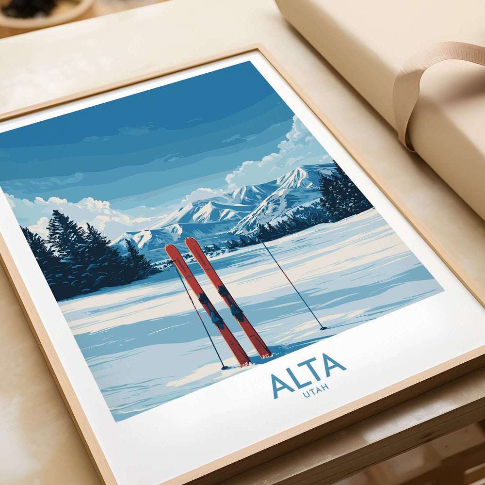 Alta Utah winter mountain landscape poster featuring skis set against snowy mountains.