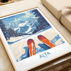 Alta Utah Ski Adventure Poster featuring vibrant mountains and skis, perfect winter decor for adventure lovers.