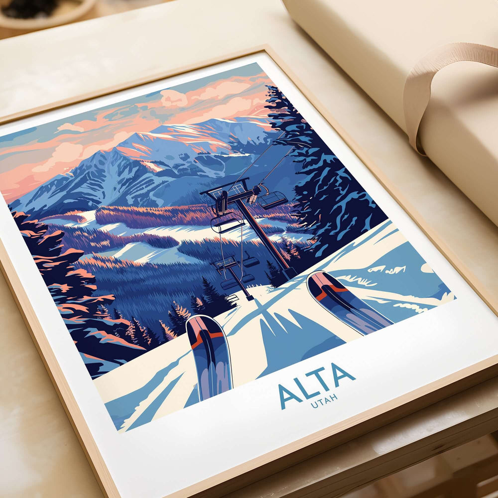 Alta Utah ski print featuring snowy mountains and ski tracks, perfect winter sports decor for adventurers.
