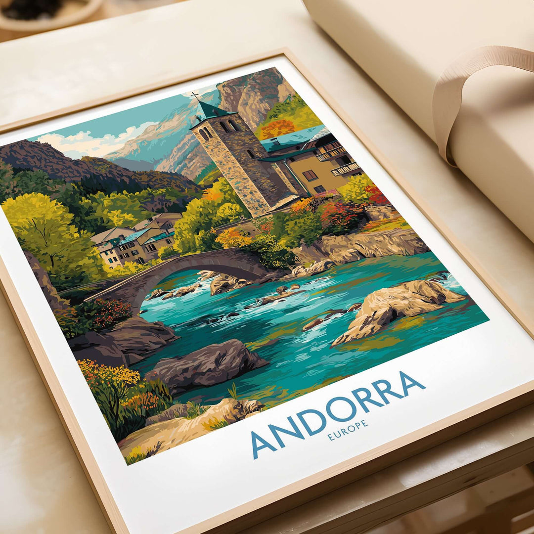 Andorra Art Print | Pyrenees Mountain Travel Poster featuring a scenic view of Andorra's landscape and architecture.