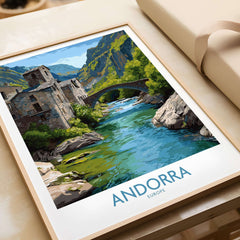 Andorra Old Town River Bridge Art Print | Pyrenees Architecture Poster showcasing a scenic river and bridge in Andorra.