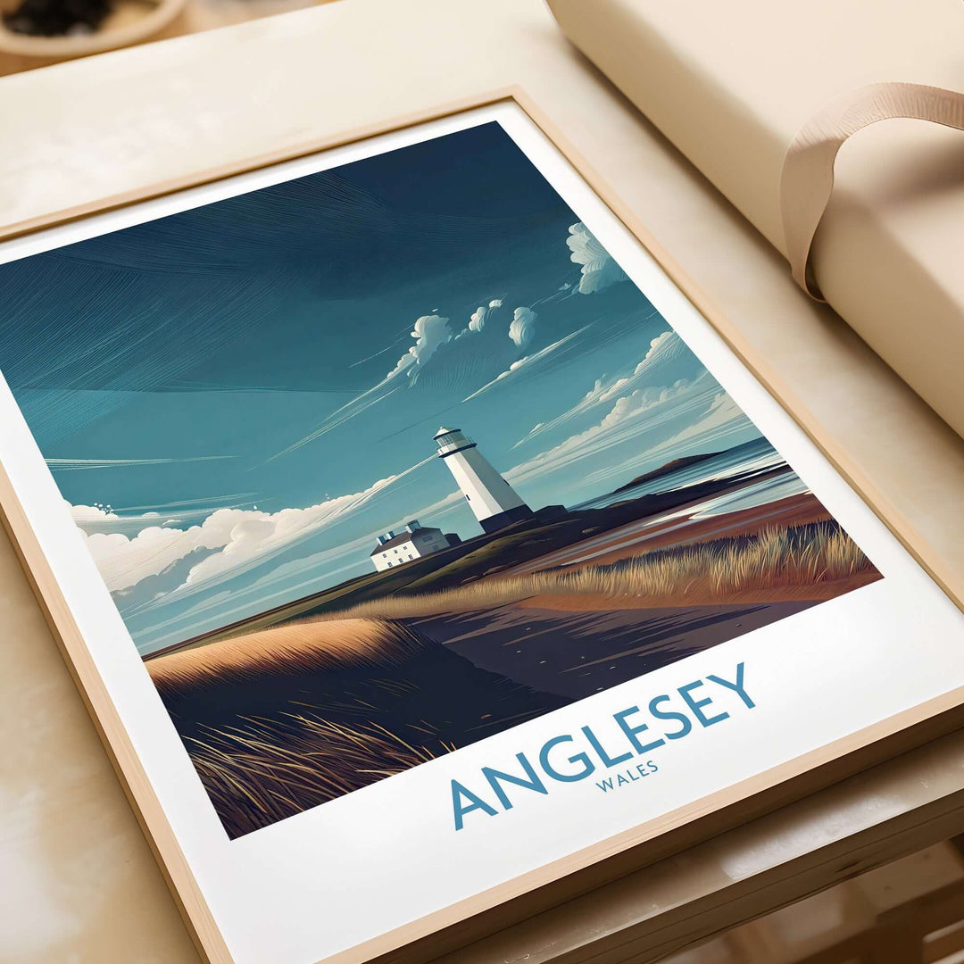 Anglesey Wales lighthouse poster featuring serene coastal landscape and vibrant sky, perfect for travel decor.