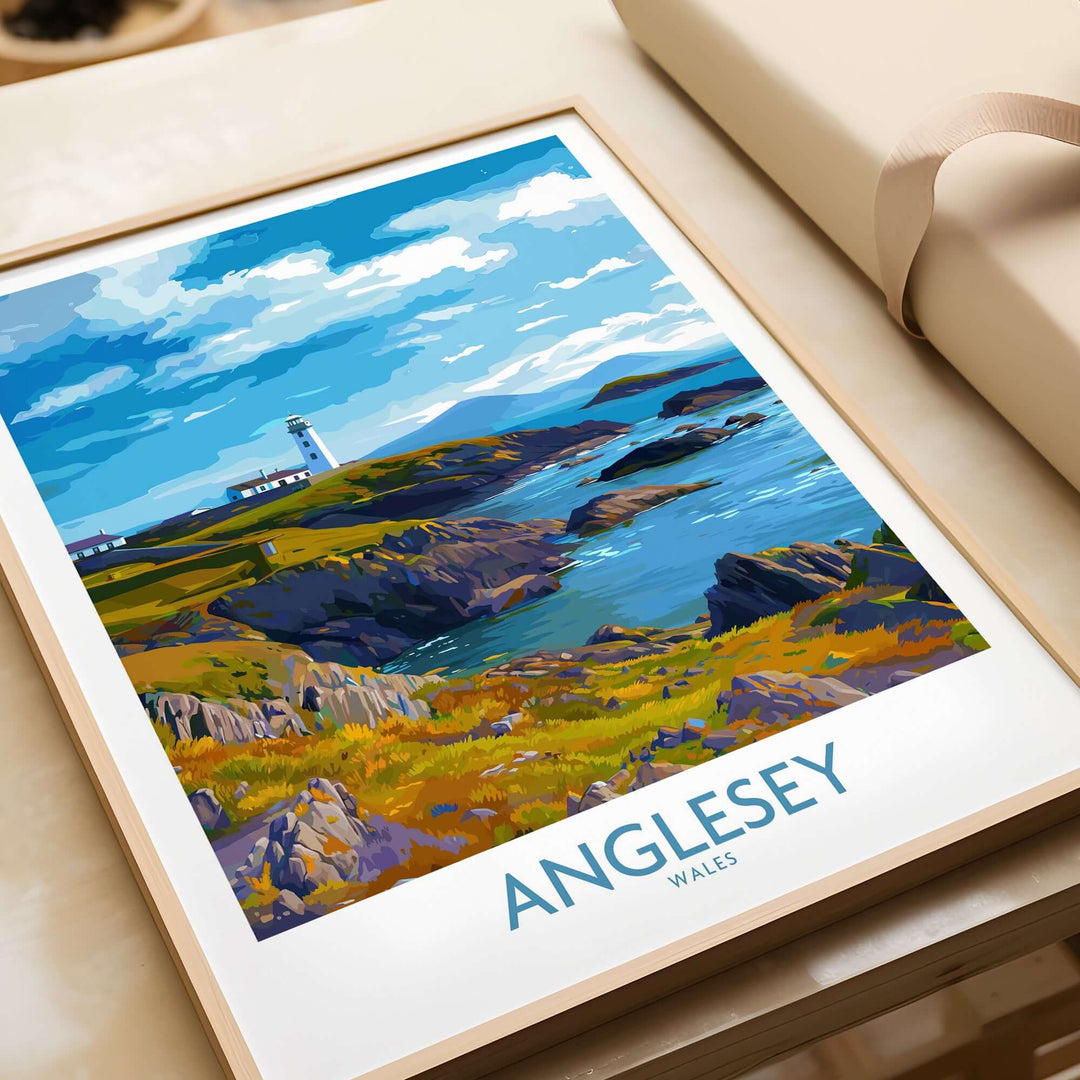 Anglesey Wales print featuring grassy cliffs and lighthouse in vibrant colors, perfect for travel decor.