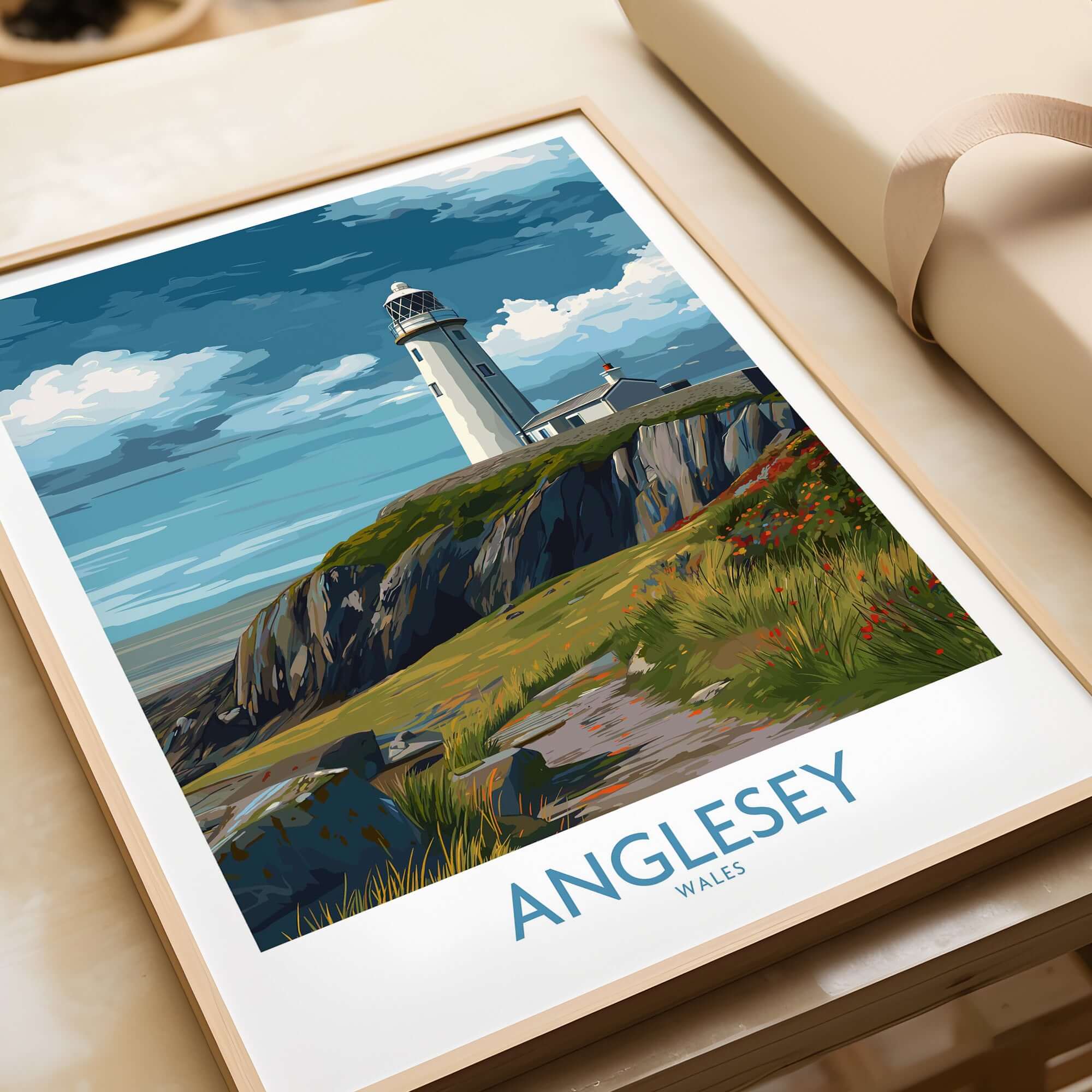 Anglesey Wales Scenic Seascape Poster - Welsh Lighthouse Decor showcasing a picturesque lighthouse on a coastal cliff.