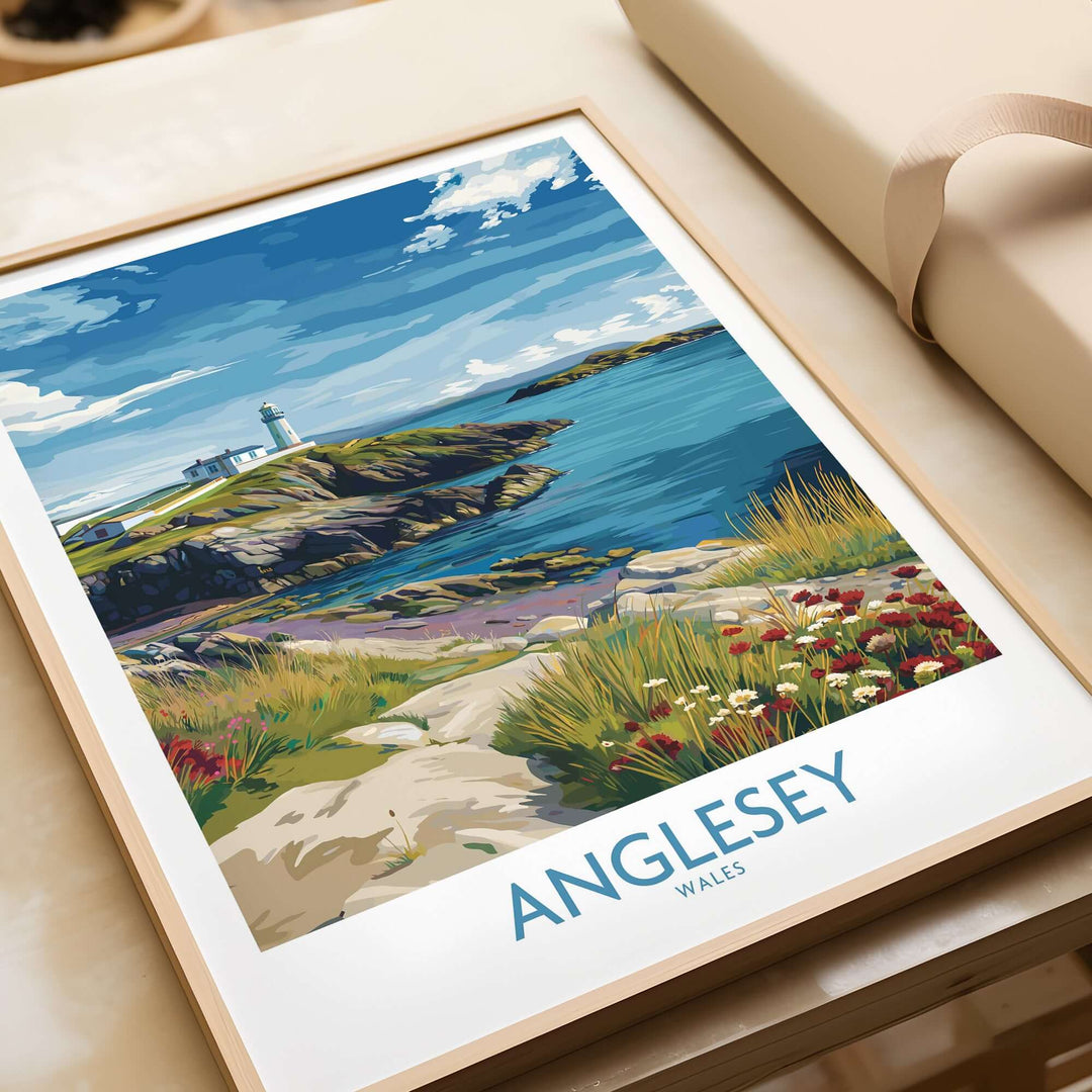 Anglesey Wales seaside artwork print featuring coastal scenery and vibrant plants in a decorative frame.
