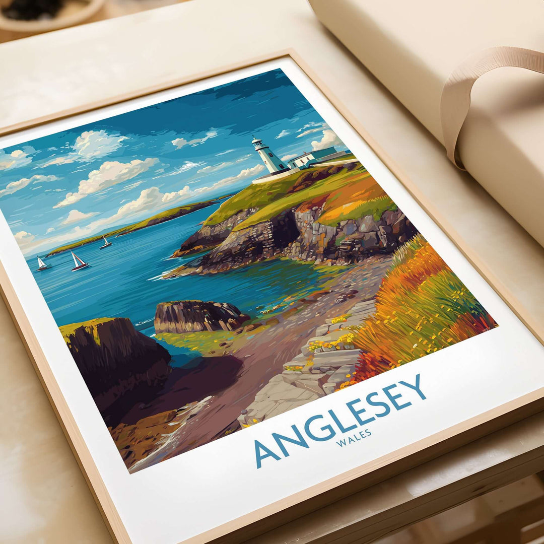 Anglesey Wales ocean view travel poster featuring a picturesque seaside landscape with a lighthouse and boats.