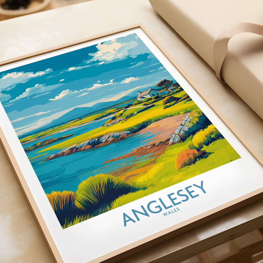 Anglesey Wales Tranquil Bay poster showcasing serene waters and lush landscapes for travel decor.