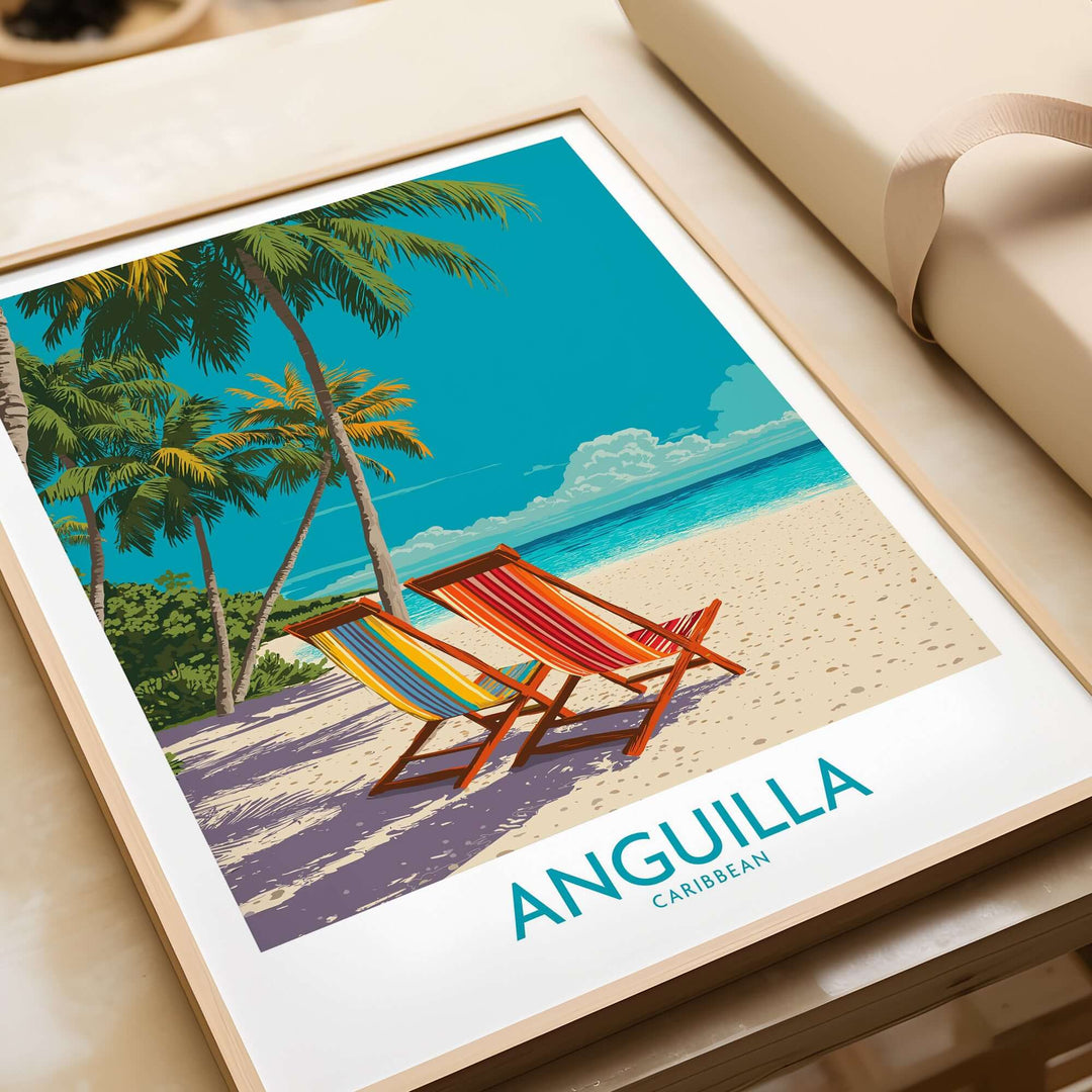 Anguilla Caribbean sunset poster featuring colorful beach chairs and tropical scenery, perfect for island home decor.