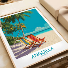Anguilla Caribbean Sunset Poster - Island Travel Print featuring beach chairs and tropical scenery.