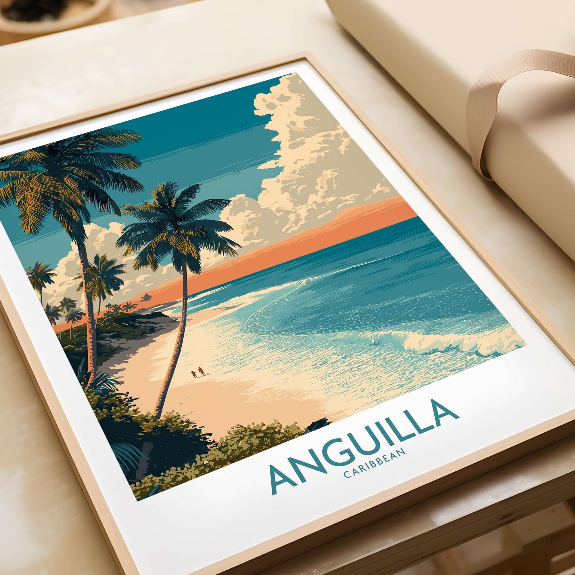 Anguilla Caribbean Poster - Caribbean Travel Print featuring palm trees and a beach scene.