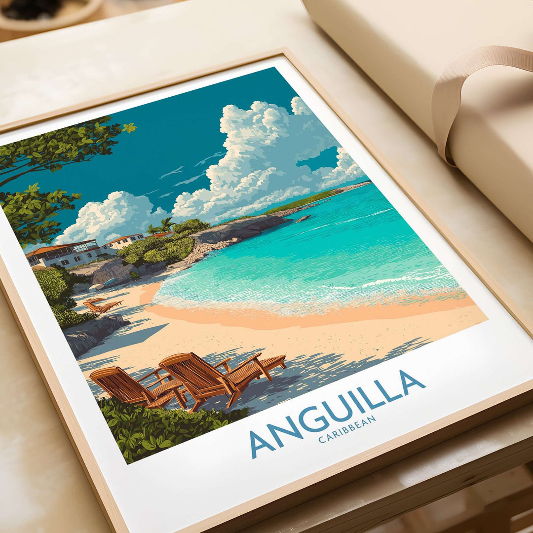 Anguilla print wall art featuring serene tropical beach, vibrant ocean, and calm atmosphere, perfect for home décor.
