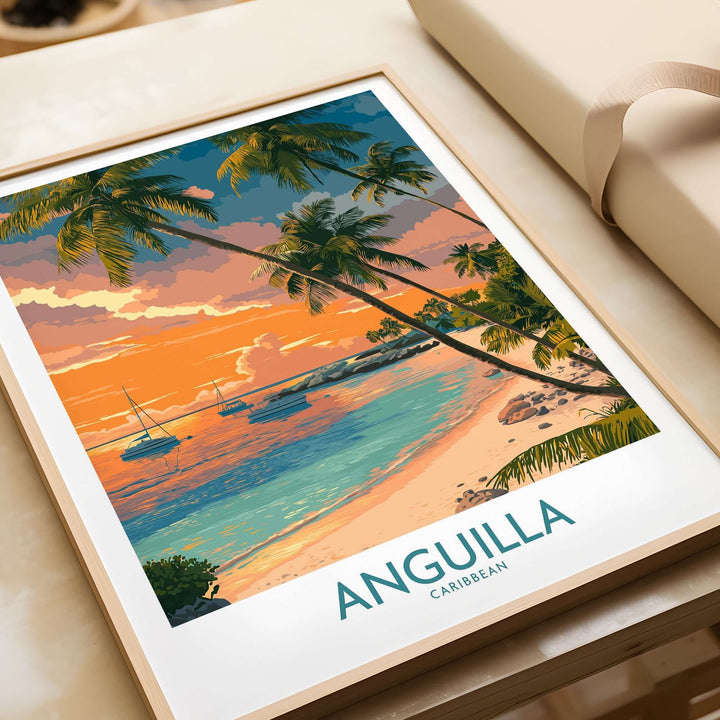 Anguilla Caribbean print featuring a seascape with boats at sunset, framed artwork for tropical home decor.