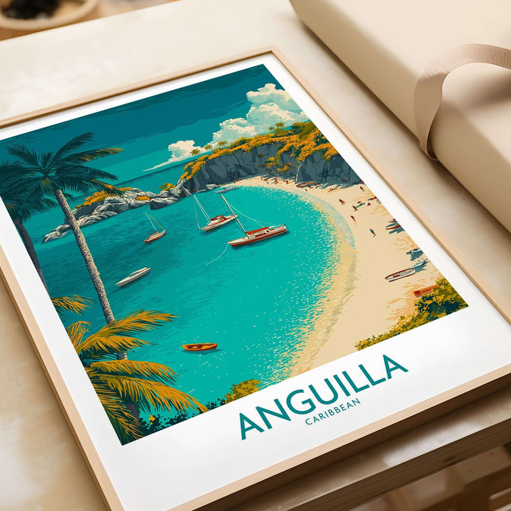 Anguilla Caribbean beach poster featuring tropical paradise with clear waters and palm trees, perfect for home decor.