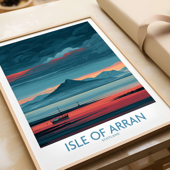 Isle of Arran poster depicting a coastal seascape with mountains and tranquil waters, perfect for travel enthusiasts.
