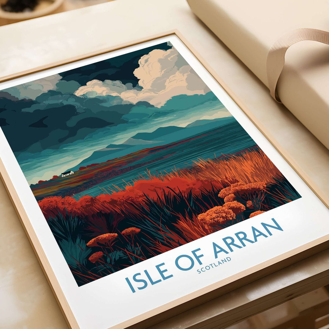 Isle of Arran Scotland poster featuring a stormy sky landscape with vibrant colors and bold design.