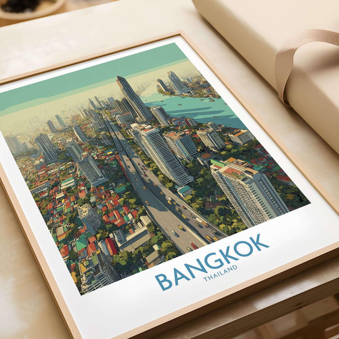 Bangkok Thailand modern city view wall art showcasing vibrant cityscape and skyline in a framed poster.