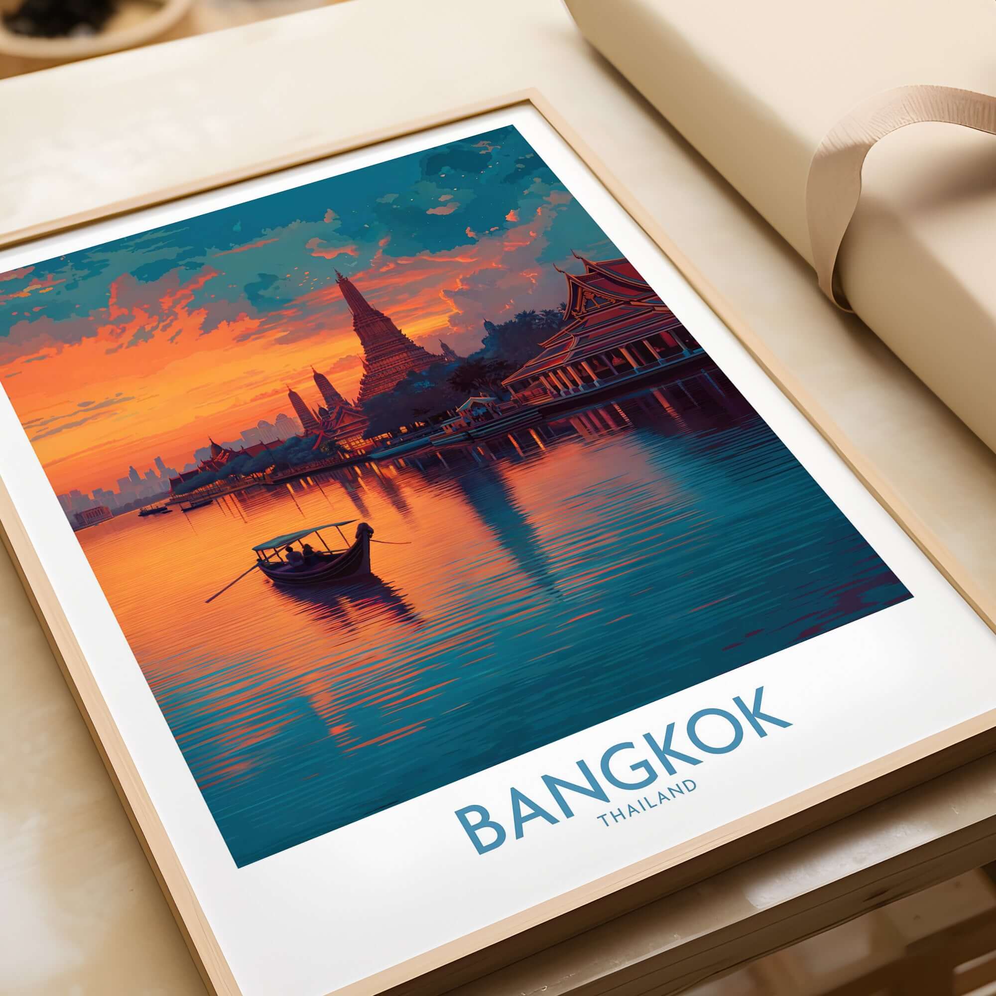 Bangkok Poster Thailand Riverboat at Dusk - Thai Landmark Travel Print displayed on a wall with beautiful evening scenery.