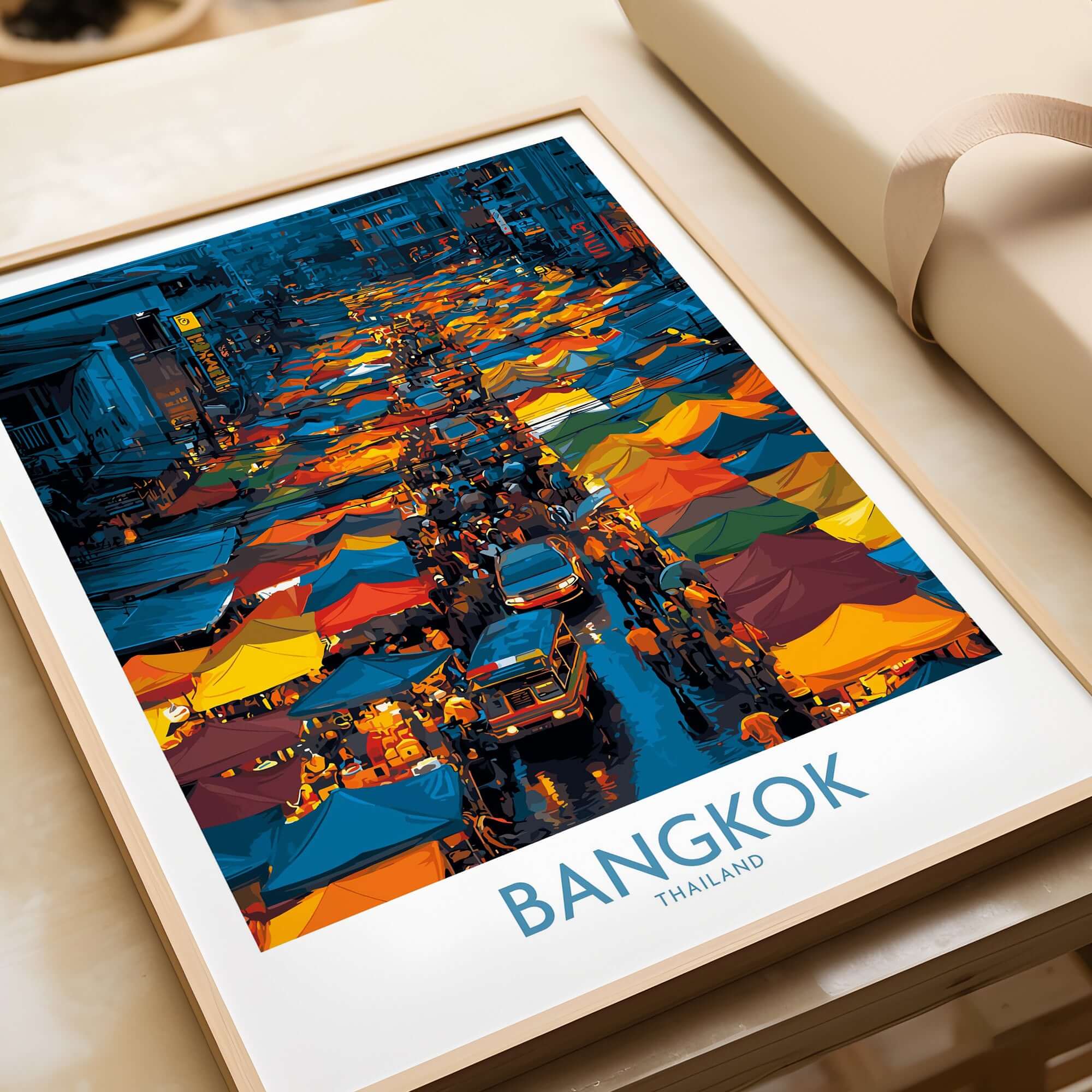 Bangkok Thailand Market Vendors Wall Art - Cultural Travel Print featuring vibrant market scene and colorful stalls.