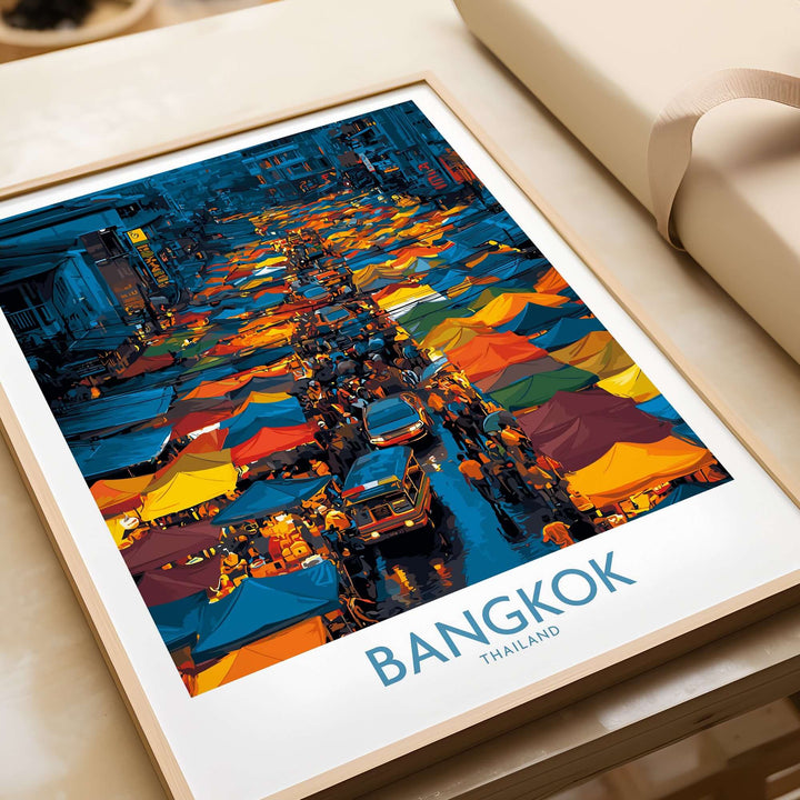 Colorful Bangkok Thailand market vendors wall art showcasing vibrant street scenes and cultural ambiance.
