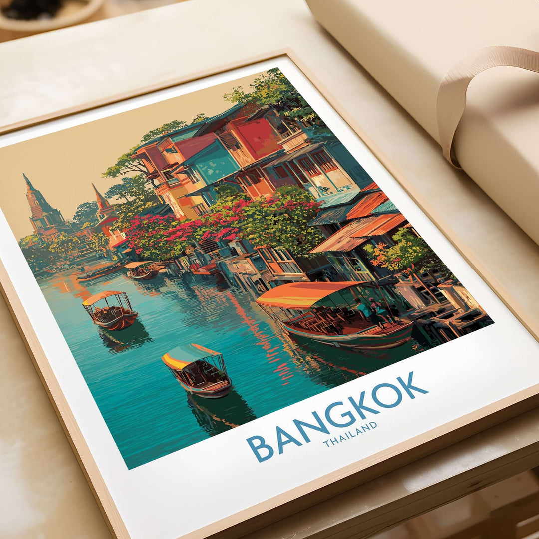 Bangkok Thailand poster featuring colorful boats in floating market, bringing vibrant travel inspiration to your home decor.