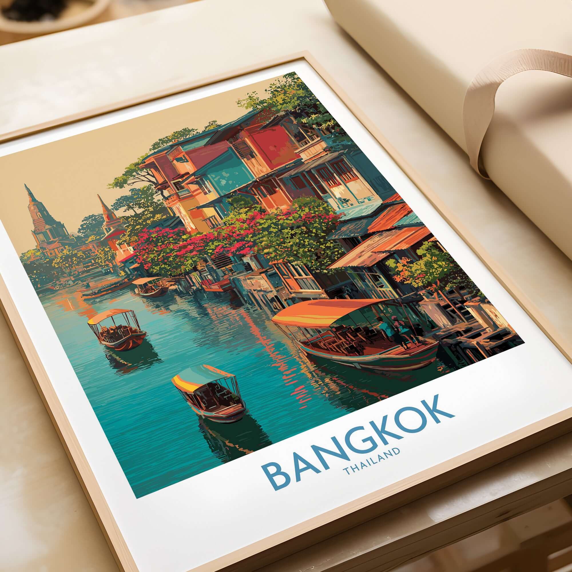 Bangkok Thailand Poster - Floating Market Travel Print showcasing vibrant colors and bustling waterways of Bangkok.