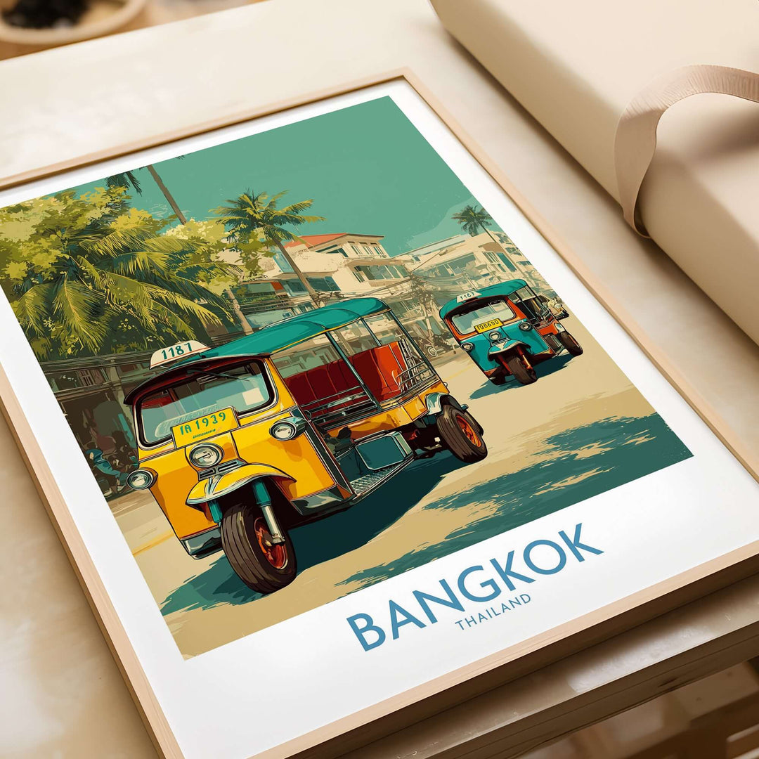 Vibrant Bangkok tuk tuks print showcasing Thailand's colorful streets and tropical scenery.