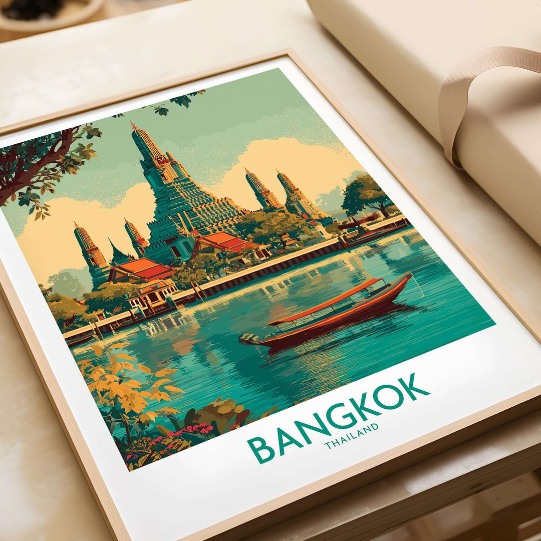 Bangkok wall art featuring a serene temple and boat on the water, showcasing Thailand's cultural beauty and architecture.