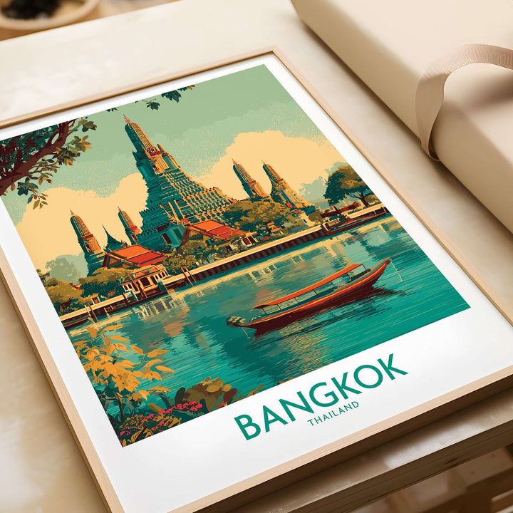 Bangkok wall art featuring a serene temple and boat on the water, showcasing Thailand's cultural beauty and architecture.
