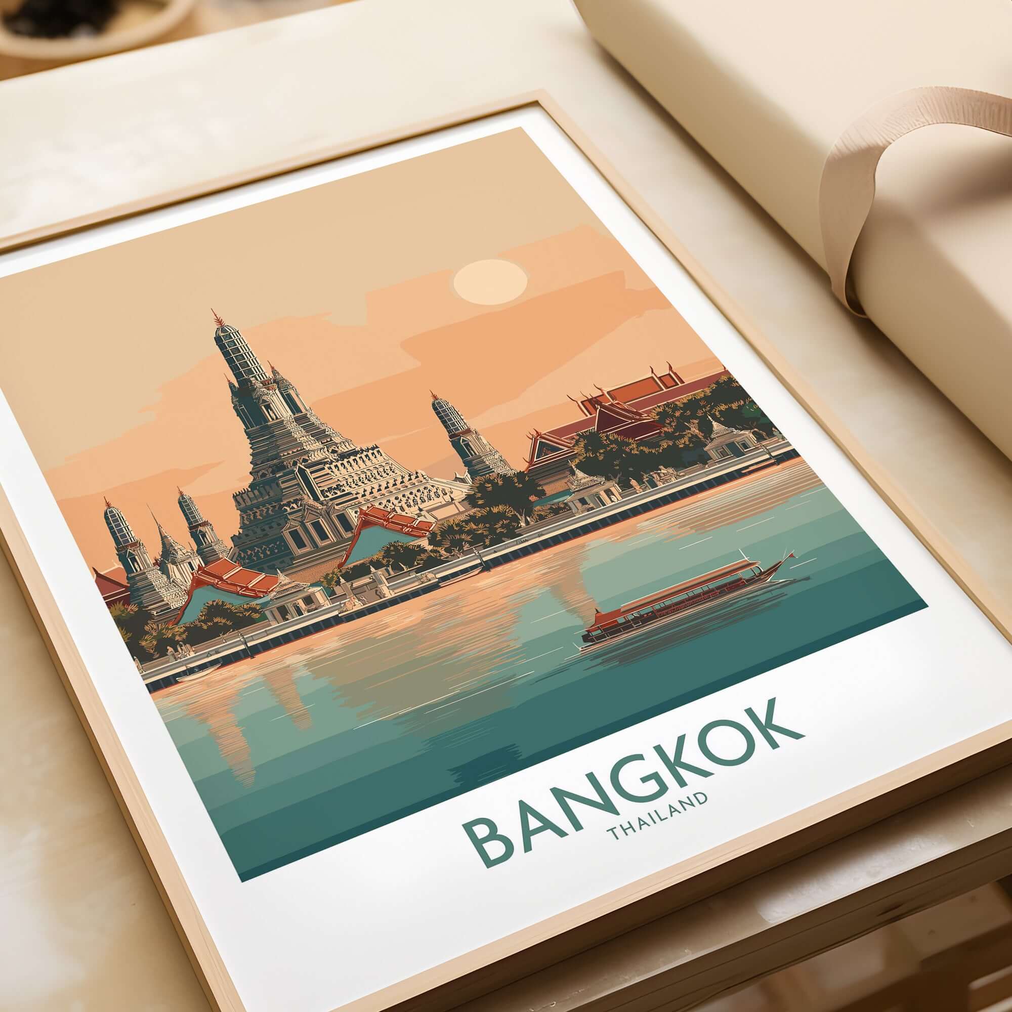 Bangkok Poster Thailand Temple of Dawn - Historic Thai Landmark Print showcasing the beauty of Bangkok.