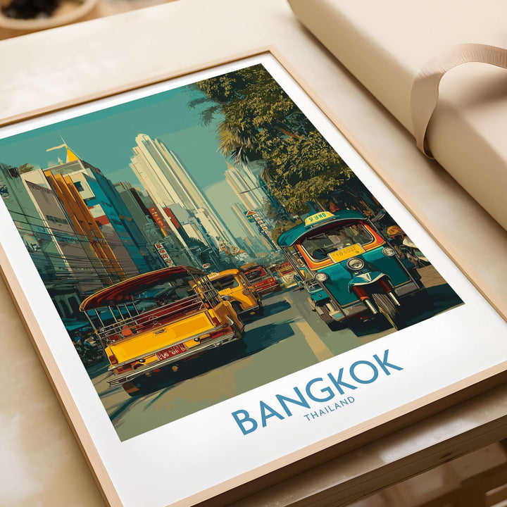 Bangkok wall art featuring vibrant street life and tuk tuks in Thailand, perfect for home or office decor.
