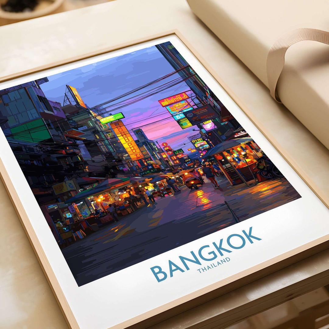 Bangkok Thailand neon lights wall art showcasing vibrant urban nightlife and colorful street scenes.