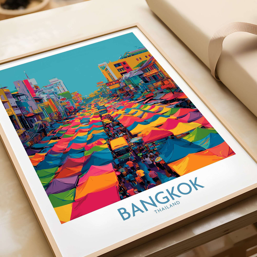 Colorful Bangkok Thailand wall art poster showcasing a lively market scene with vibrant tents and bustling atmosphere.