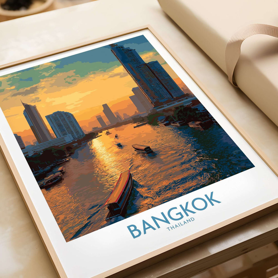 Bangkok Thailand urban waterfront wall art featuring a sunset cityscape and river view.