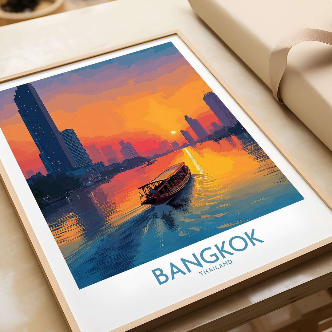 Bangkok wall art depicting a colorful river scene during golden hour, highlighting Thailand's serene beauty.