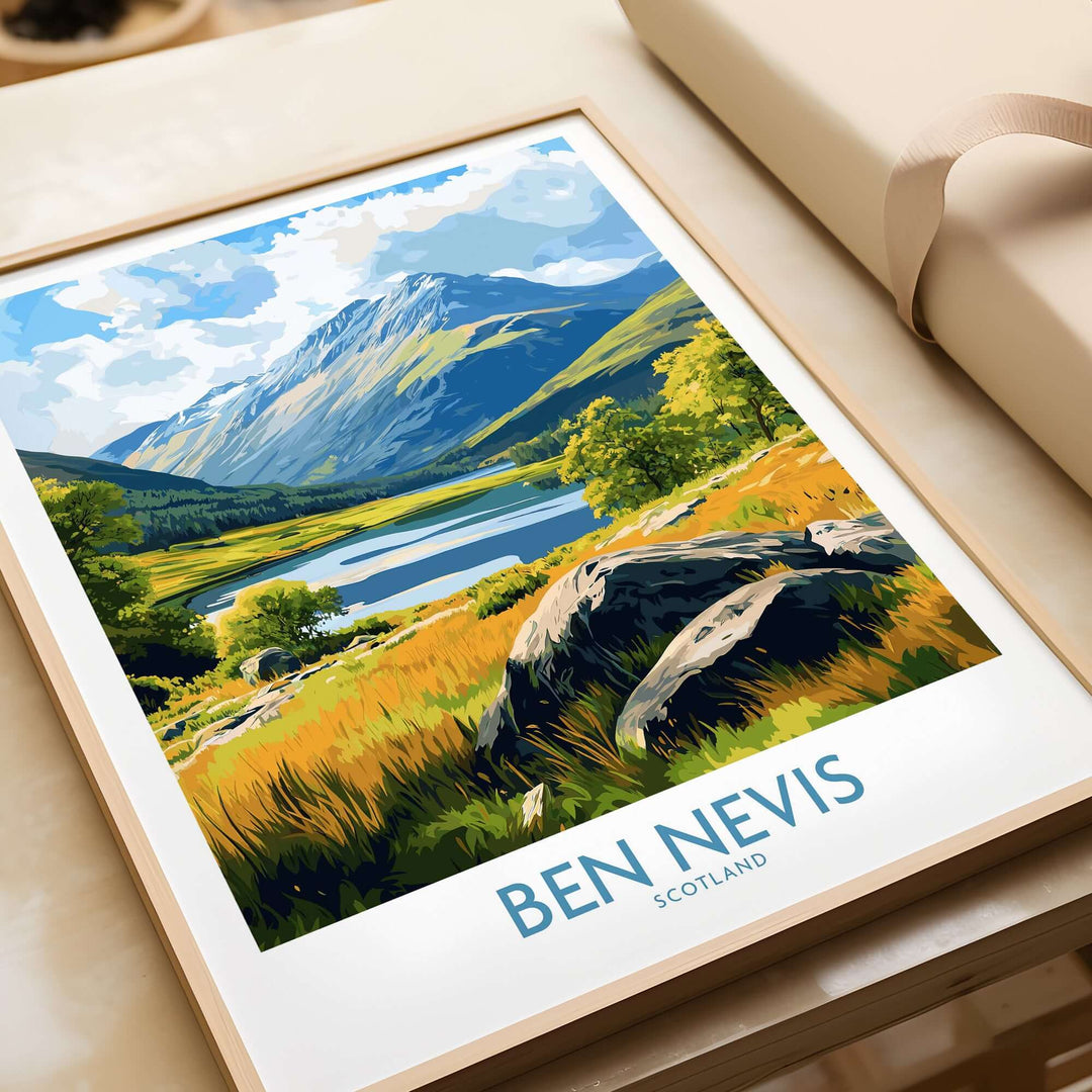 Vibrant Ben Nevis poster showcasing Scotland's iconic peak and scenic landscape, perfect for travel decor.