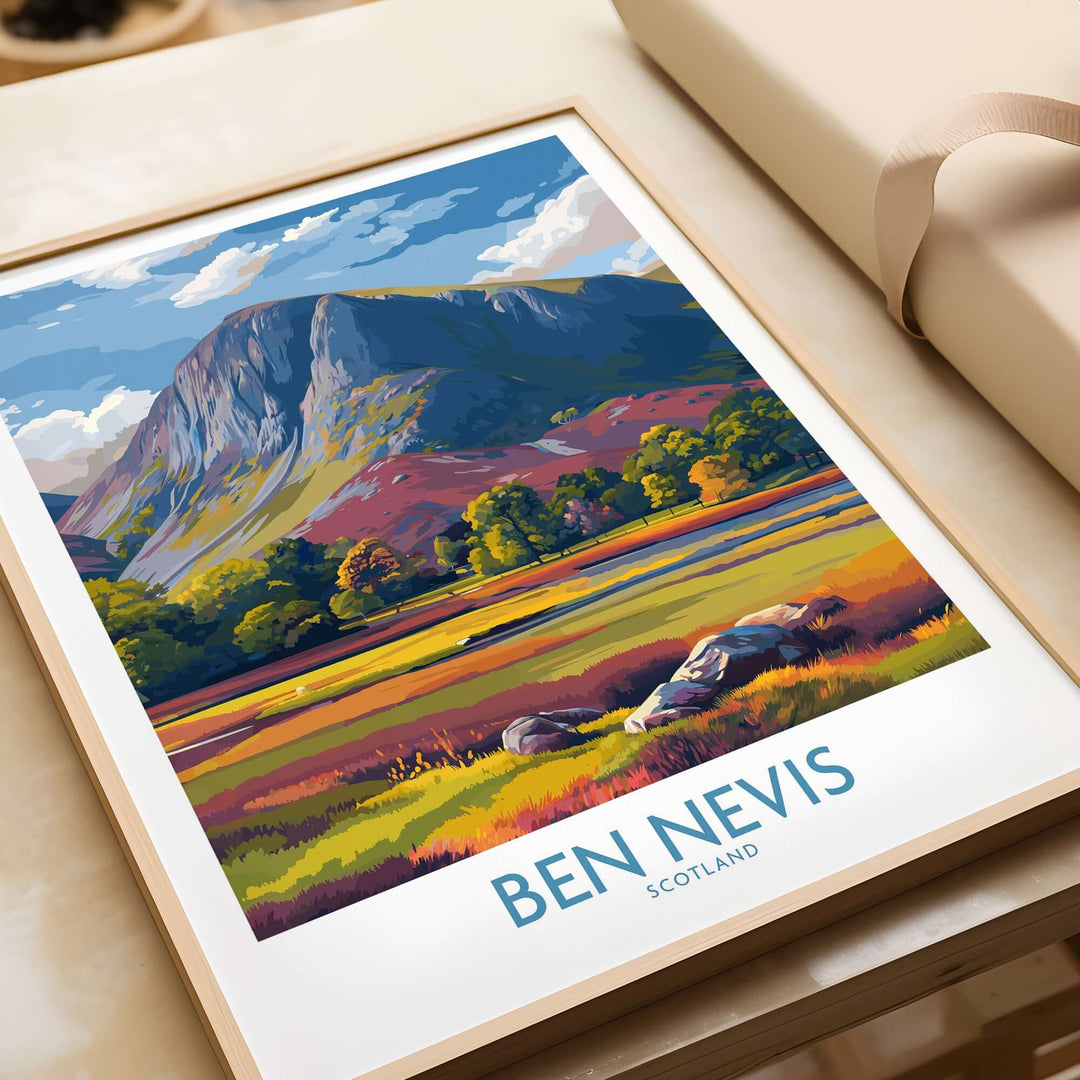 Ben Nevis wall art showcasing autumn foliage and the Scottish Highlands landscape in vibrant colors.