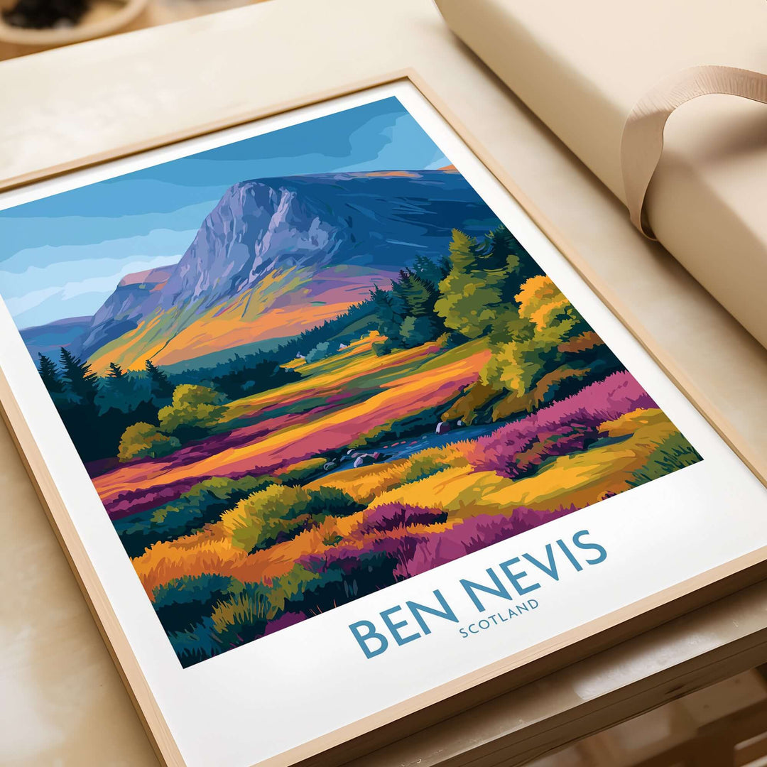 Colorful illustration of Ben Nevis, Scotland, featuring heather fields and majestic peaks, perfect for nature lovers.