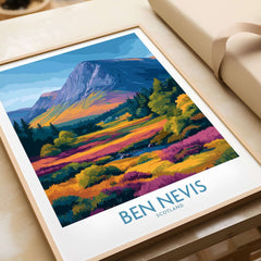 Ben Nevis Scotland Print Heather Fields Landscape - Scottish Peaks Illustration showcasing vibrant heather fields and mountains.