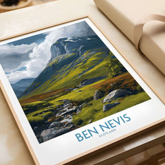 Ben Nevis Scotland Wall Art Hillside Panorama - Nature Travel Decor framed artwork on a table.