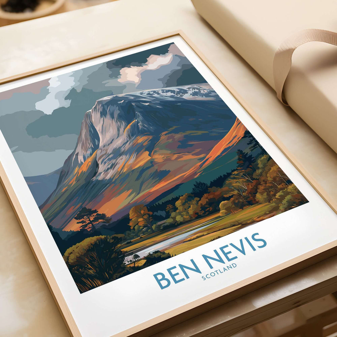 Ben Nevis Scotland landscape print showcasing cloudy peak and dramatic scenery, perfect for art lovers.