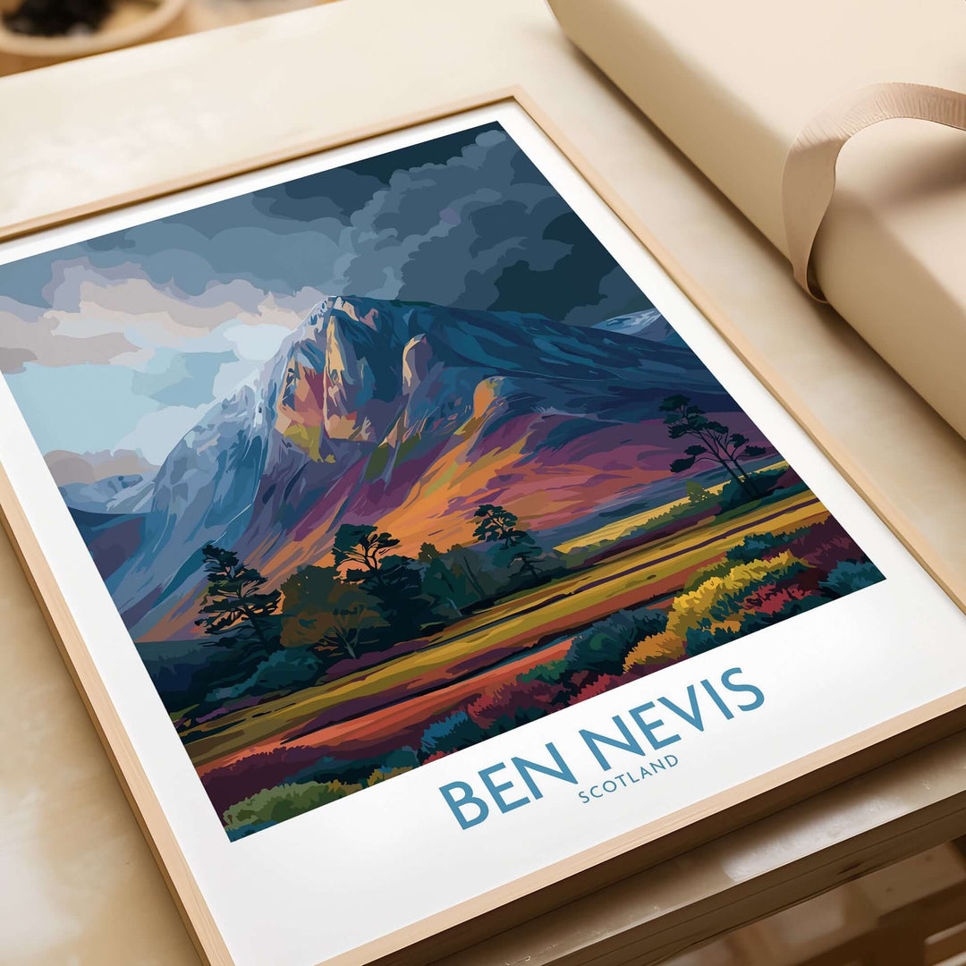 Framed Ben Nevis wall art featuring moody skies and vibrant landscapes of the Scottish Highlands.