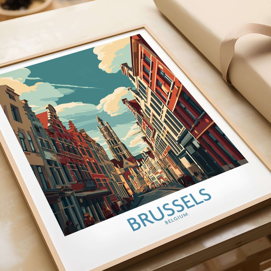 Framed print of Brussels streets featuring colorful Gothic architecture, ideal Belgium travel poster for art lovers.