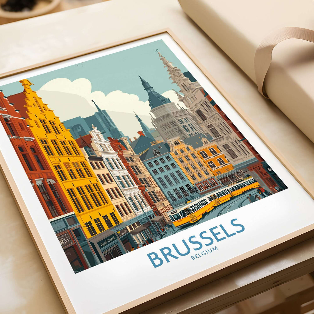 Brussels wall art print showcasing colorful historic buildings in Belgium with a tram, perfect for home decor.