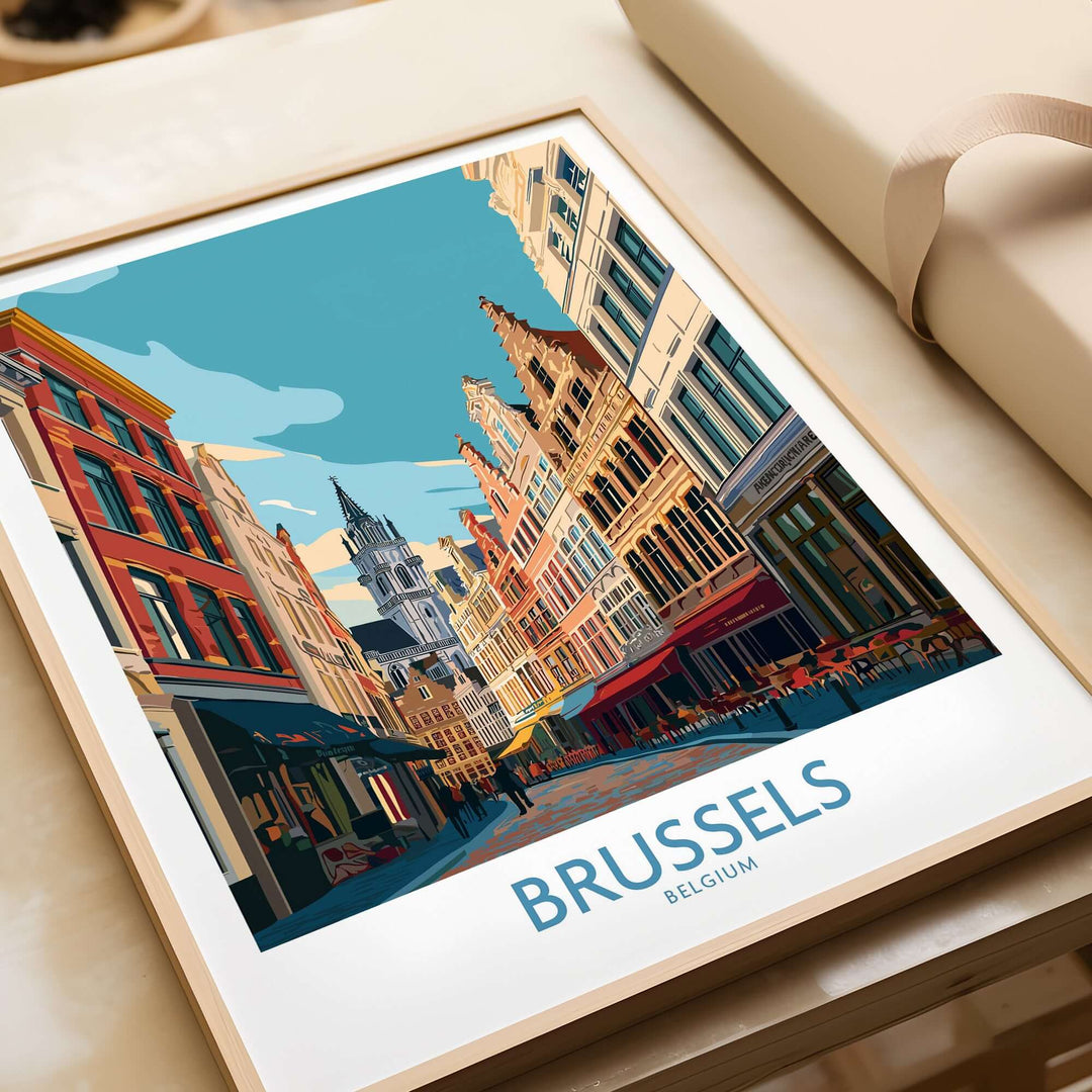 Brussels Grand-Place wall art print showcasing vibrant architecture and city life in Belgium.