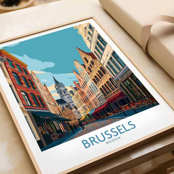 Brussels Grand-Place wall art print showcasing vibrant architecture and city life in Belgium.