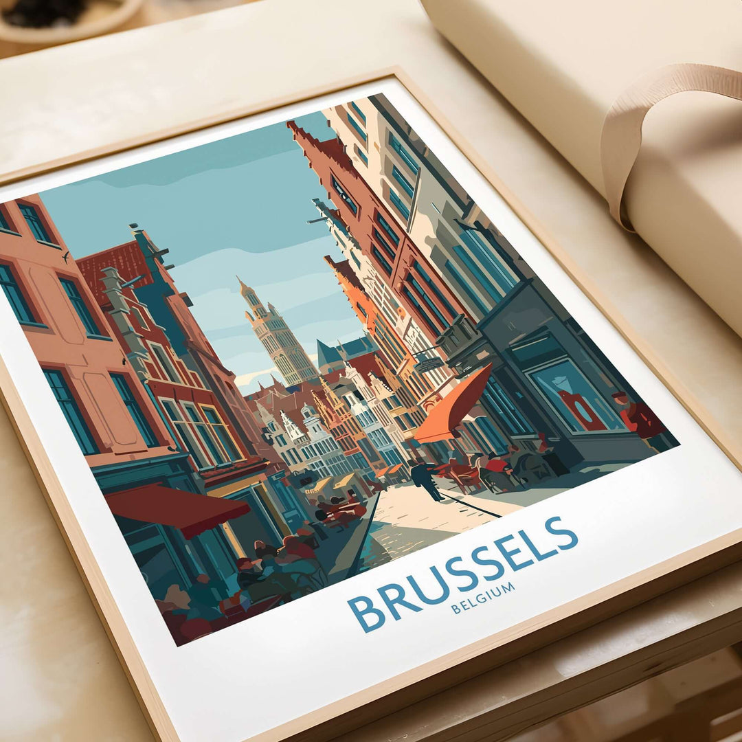 Brussels Belgium wall art print showcasing vibrant architecture and lively streets, perfect for travel enthusiasts.