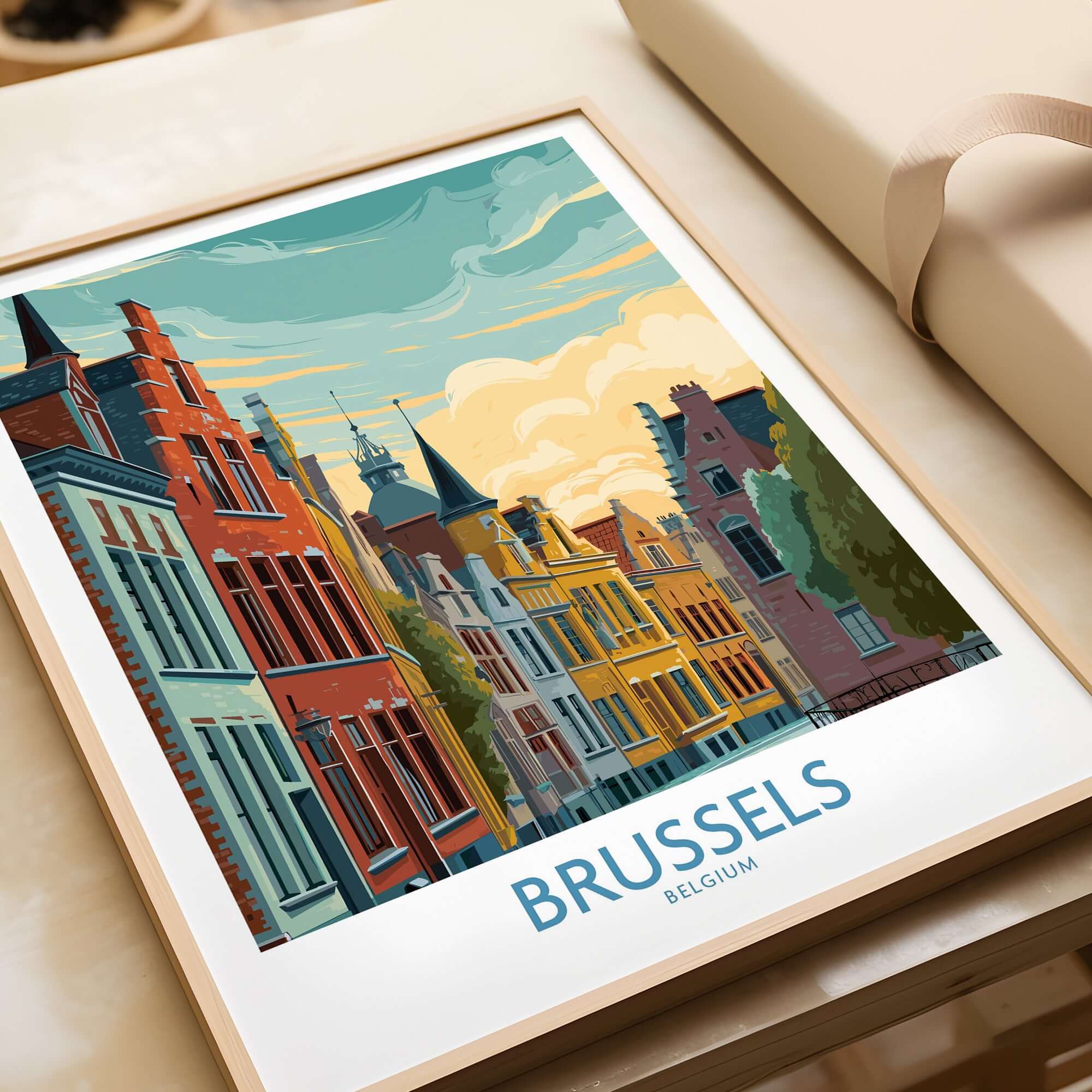 Brussels Belgium Travel Poster featuring colorful architecture and vibrant skies, perfect for home décor.