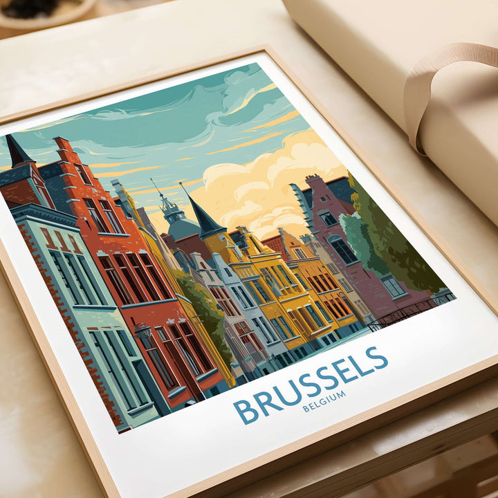Brussels Belgium travel poster featuring colorful houses and vibrant street scene, perfect for home decor.